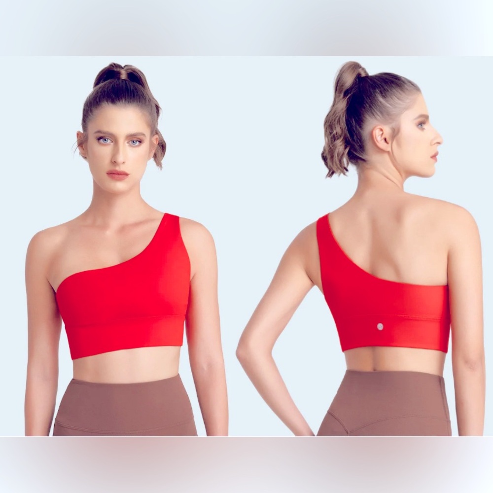 Queenieke 13.5” PTP BNWT One-Shoulder Sports Bra, Red, Size Small.